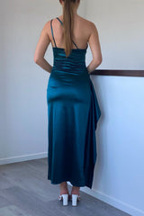 Robe Satin Drapée Fente Élégante