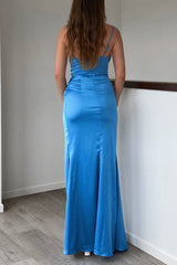 Robe Satin Drapée Bleu Ciel