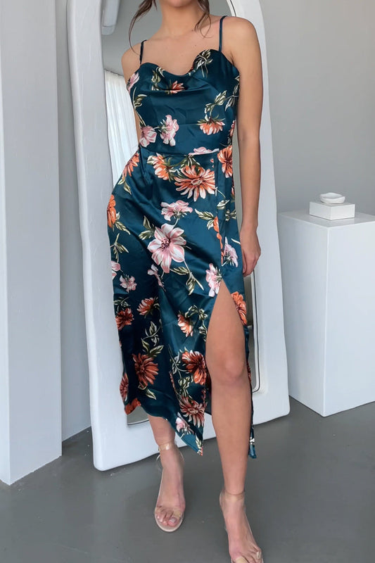 Robe Drapée Florale En Satin