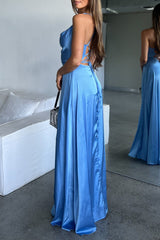 Robe Longue Satin Bleu Cérémonie