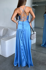 Robe Longue Satin Bleu Cérémonie