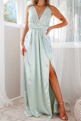 Robe Longue Satin Aqua Élégante