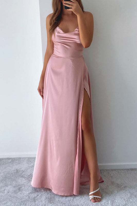 Robe Satin Rose Poudré Drapée