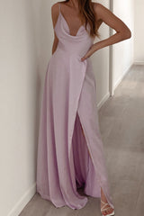 Robe Satin Lavande Drapée Fendue