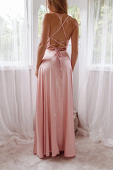 Robe Satin Rose Poudré Drapée