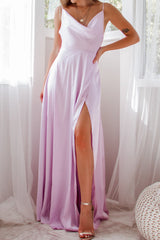 Robe Satin Lavande Drapée Fendue