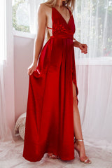 Robe Longue Satin Rubis Dos Croisé