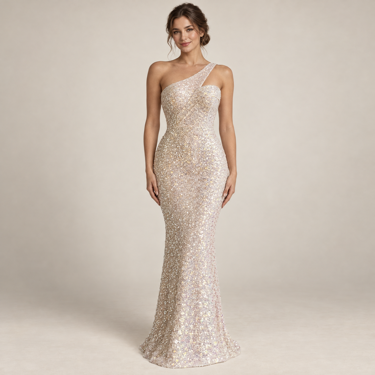 Robe Asymétrique Sequins Irisés portée