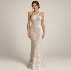 Robe Asymétrique Sequins Irisés portée