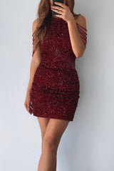 Robe Cocktail Courte Rubis à Sequins - vue 4