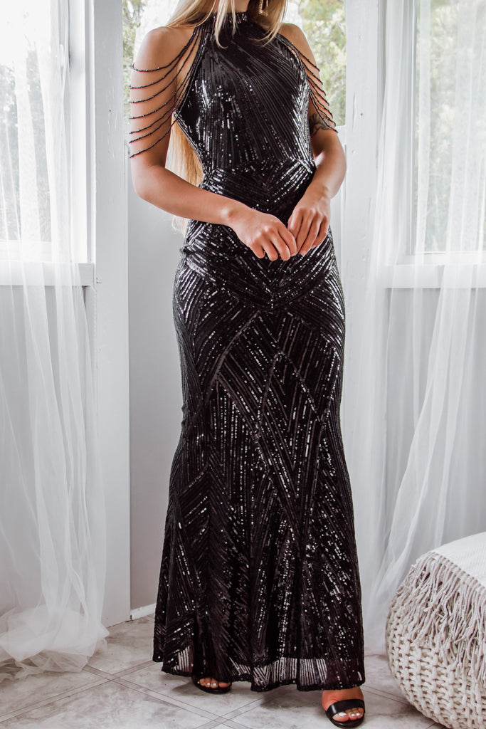 Robe De Soirée Noire À Sequins - vue 7