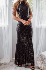 Robe De Soirée Noire À Sequins - vue 7