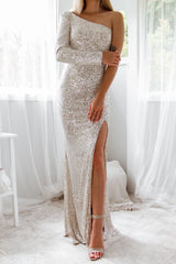 Robe Longue Asymétrique Paillletée Argent - vue 3