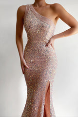 Robe Longue Asymétrique Pailletée Blush - vue 1