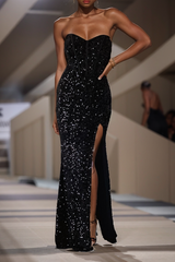 Robe Longue Noire À Sequins Couture - vue 1