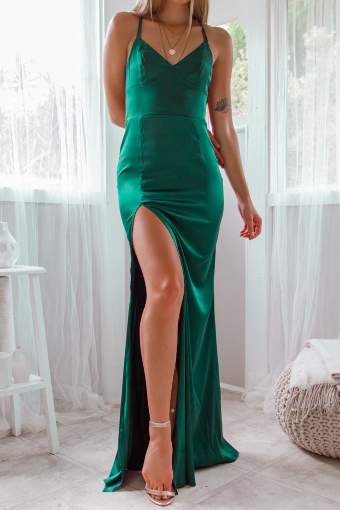 Robe Longue Satin Émeraude Dos Nu - vue 14