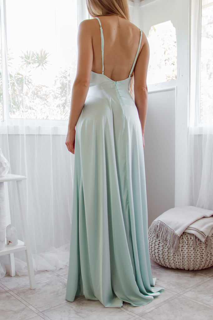 Robe Satin Drapée Menthe Romantique - vue 3