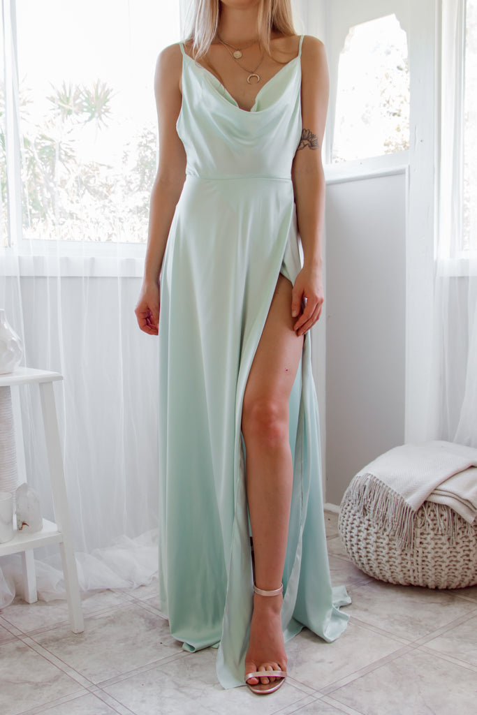 Robe Satin Drapée Menthe Romantique - vue 4