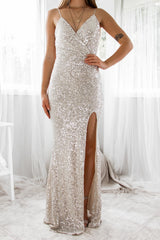 Robe Longue Bustier À Sequins Argentés