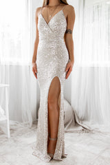 Robe Longue Bustier À Sequins Argentés