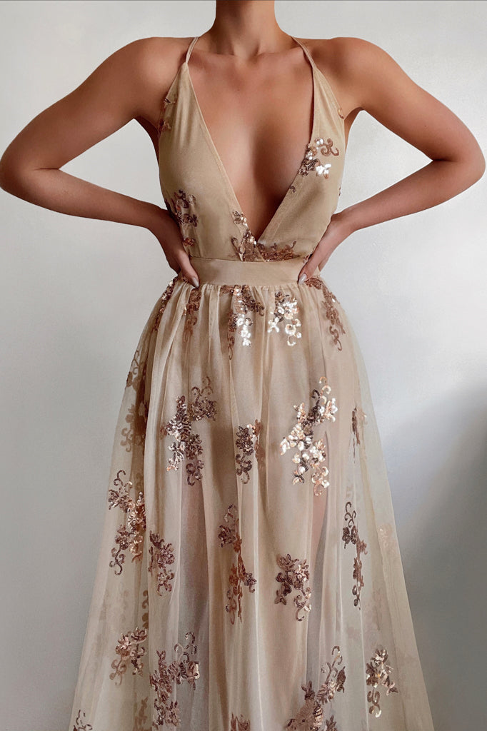 Robe Longue Scintillante Dos Croisé
