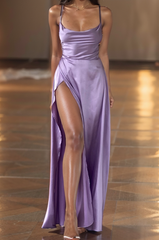 Robe Satin Lilas Drapée Cérémonie