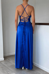 Robe Satinée Bleu Cobalt Drapée