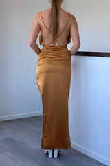Robe Satinée Drapée Fendue