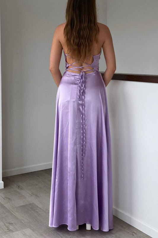 Robe Satin Lilas Drapée Cérémonie