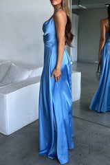 Robe Longue Satin Bleu Cérémonie