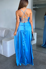 Robe Longue Satin Bleu Cérémonie