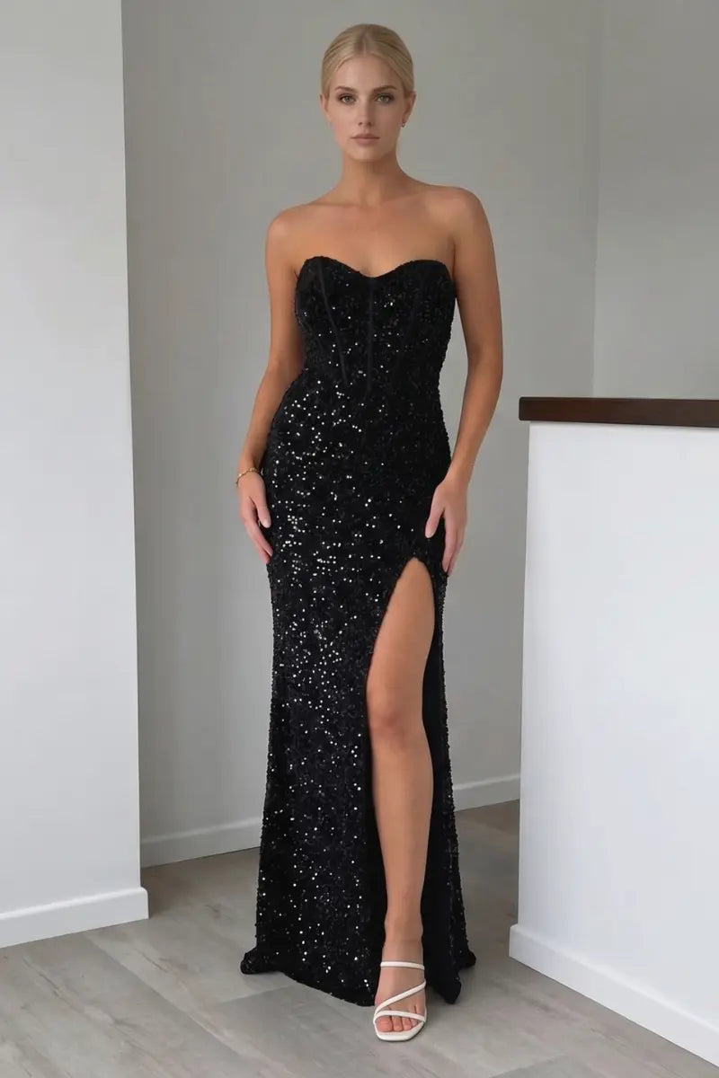 Robe Longue Noire À Sequins Couture