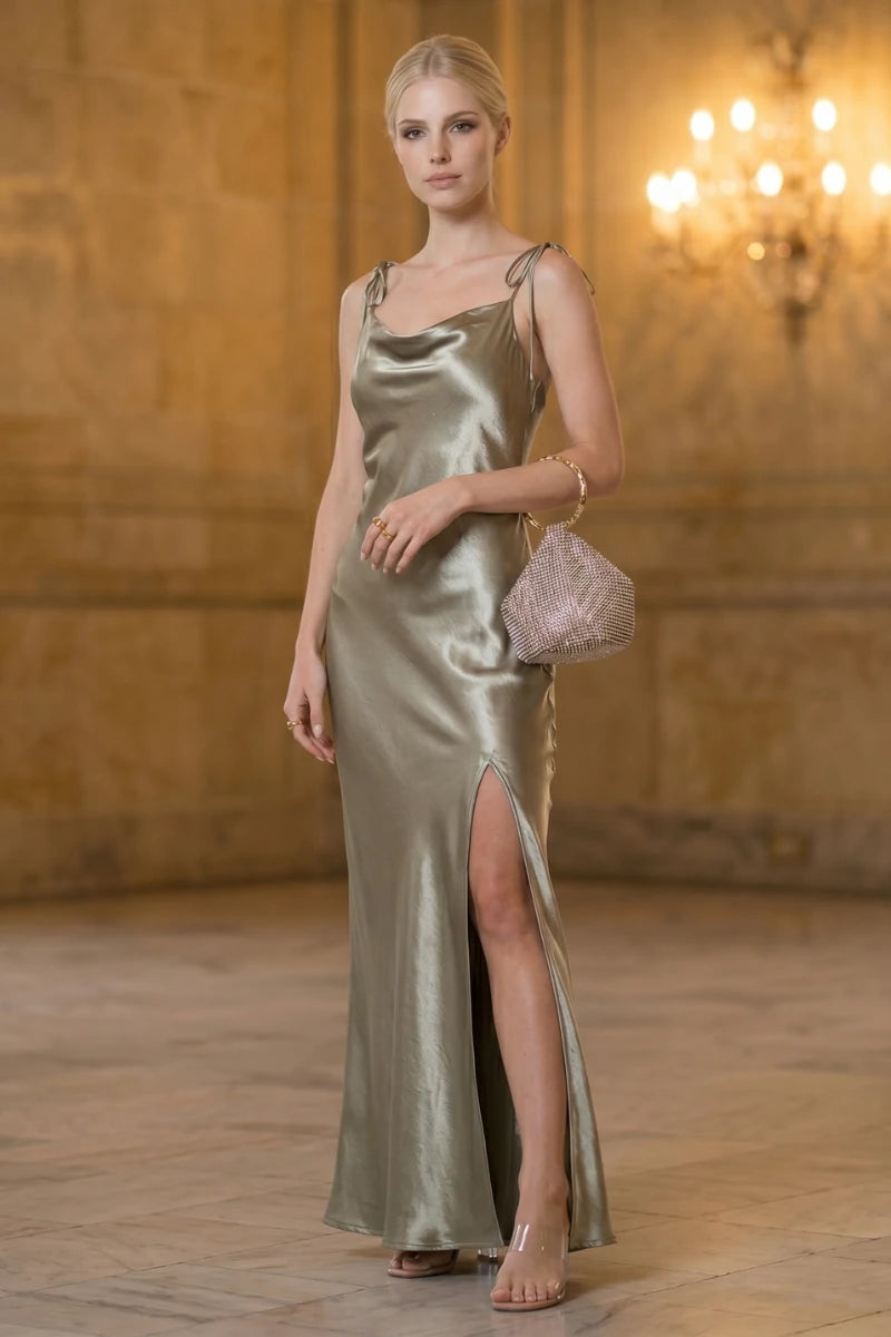 Robe Longue Satin Vert Sauge