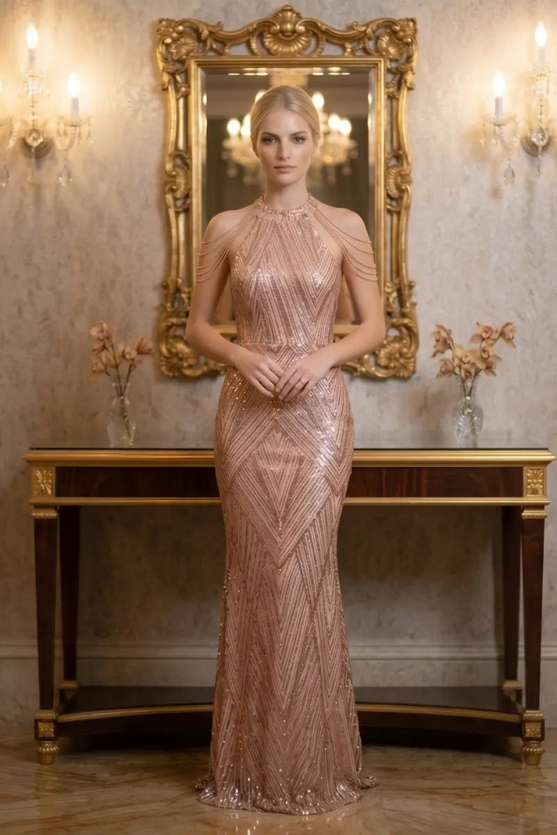 Robe Longue Sequins Rose Gold