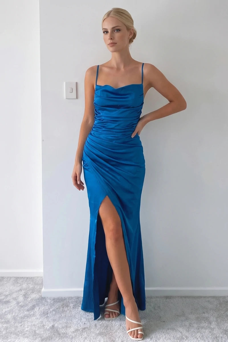 Robe Satin Drapée Bleu Canard