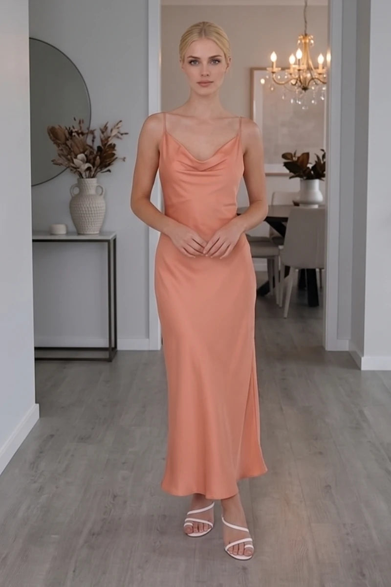 Robe Satin Pêche Col Drapé