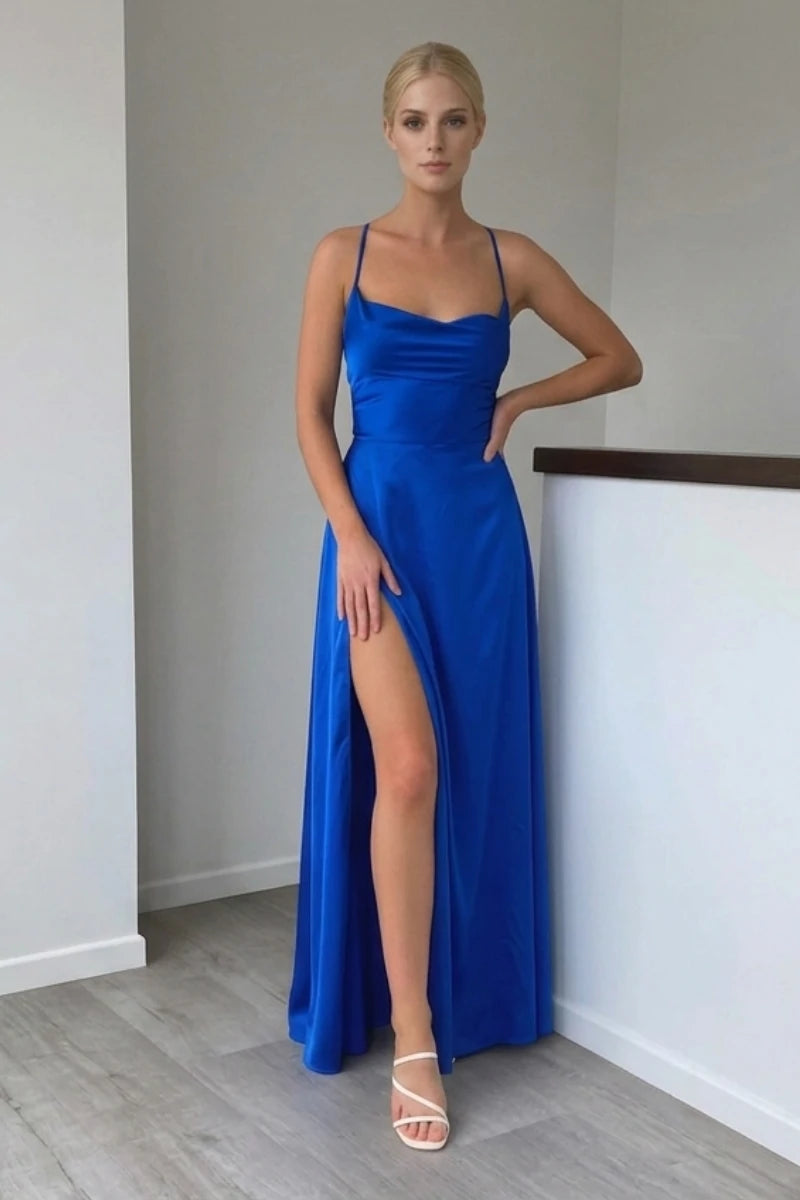 Robe Satinée Bleu Cobalt Drapée
