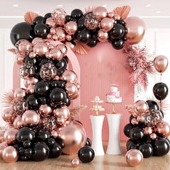 Arche de Ballon - Noir Métallisé et rose gold avec confettis