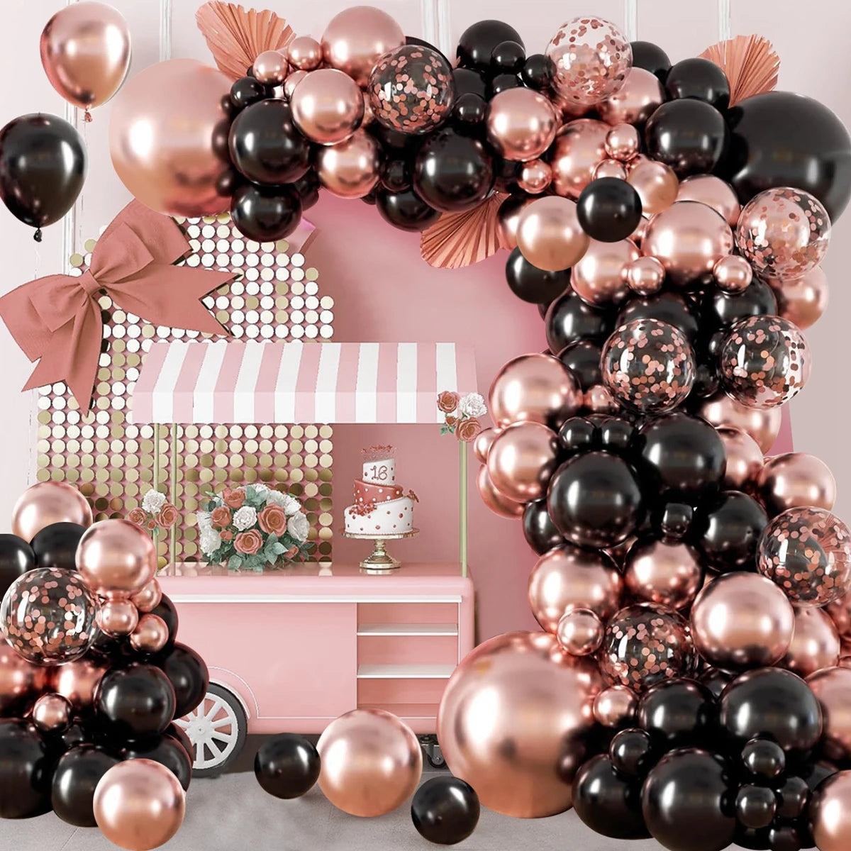 Arche de Ballon - Noir Métallisé et rose gold avec confettis - vue 2