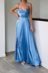 Robe Longue Satin Bleu Cérémonie