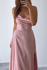 Robe Satin Rose Poudré Drapée