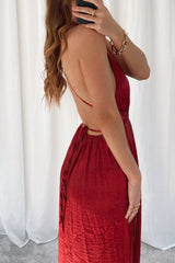 Robe Longue Satin Rubis Dos Croisé