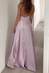 Robe Satin Lavande Drapée Fendue
