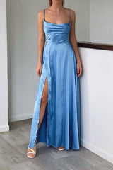 Robe Longue Satin Bleu Cérémonie