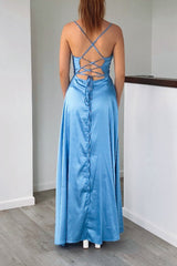 Robe Longue Satin Bleu Cérémonie