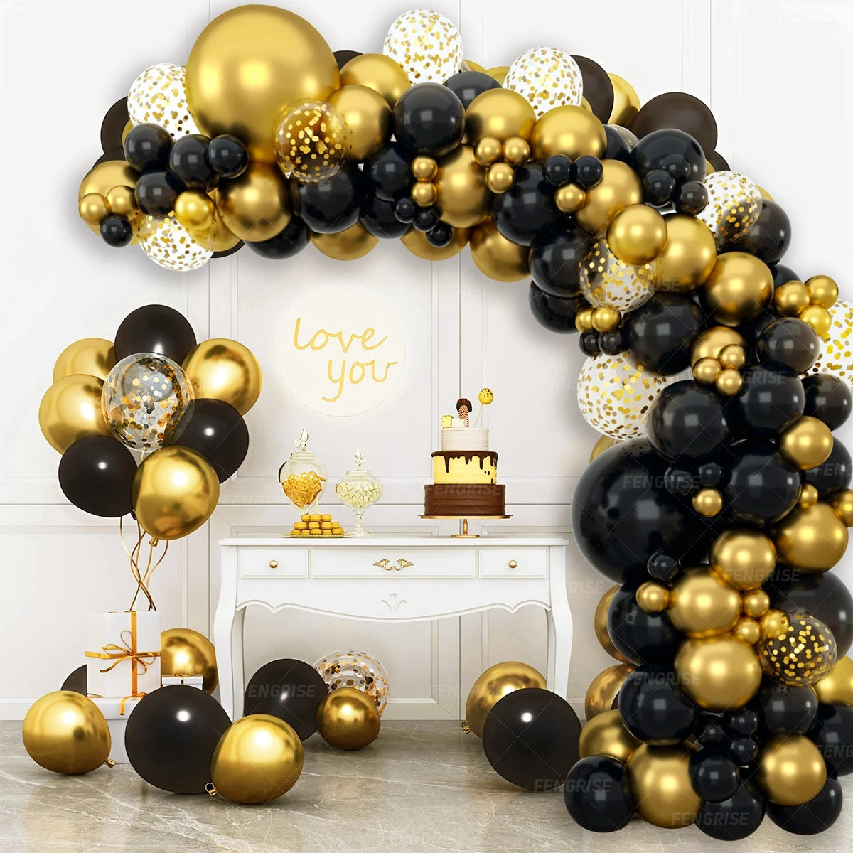 Kit Arche de Ballon - Noir et Doré avec confettis