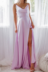 Robe Satin Lavande Drapée Fendue