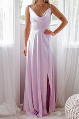 Robe Satin Lavande Drapée Fendue