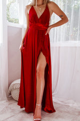 Robe Longue Satin Rubis Dos Croisé