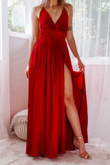 Robe Longue Satin Rubis Dos Croisé